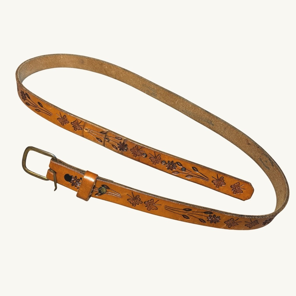 Womens Belt 40 Cognac Brown Leather Tooled Butterfly Floral Western Boho Hippie